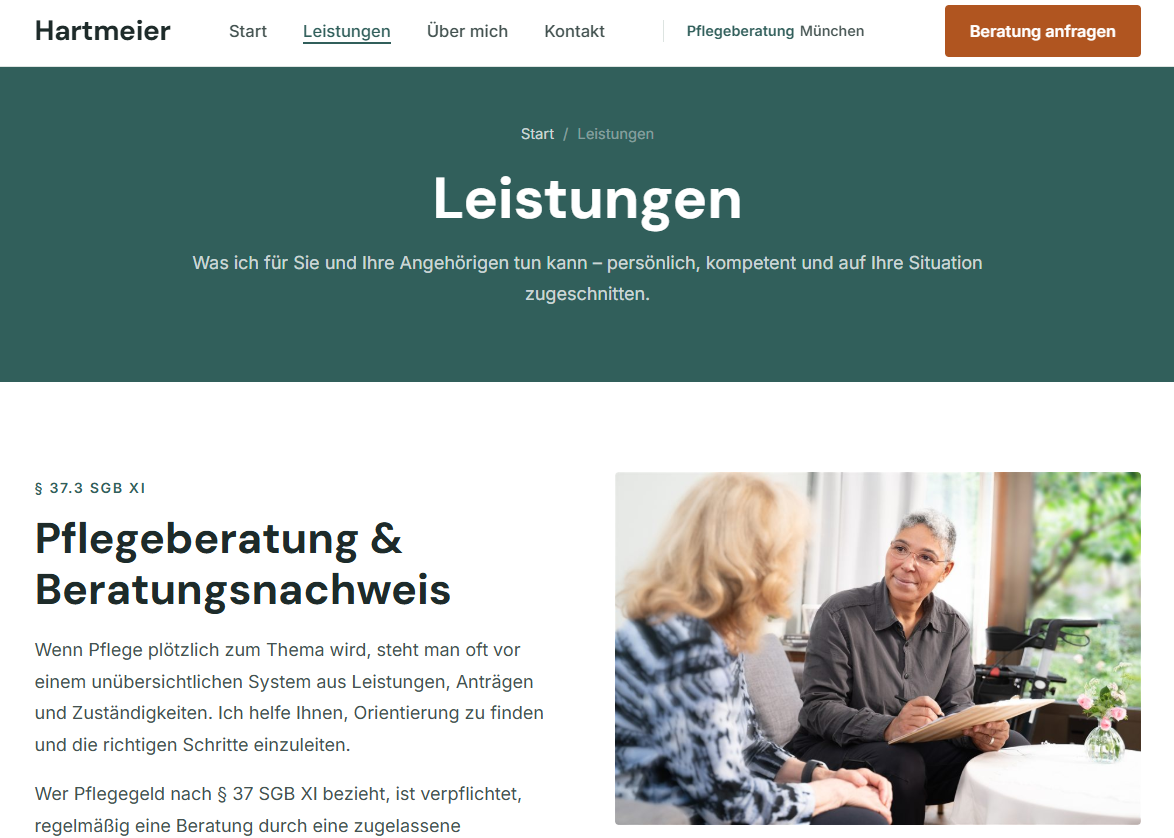 Hartmeier Pflegeberatung München – Leistungen Screenshot