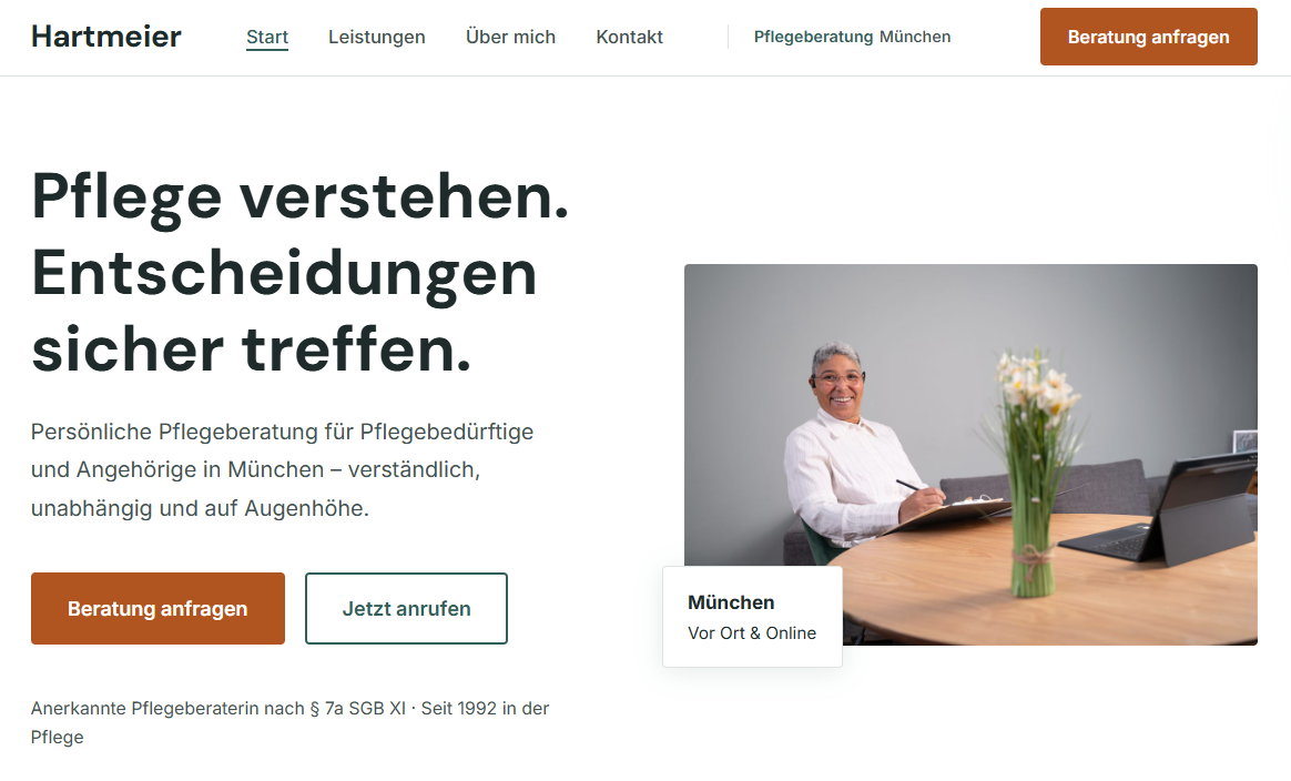 Hartmeier Pflegeberatung München – Website Screenshot von Senkan Webdesign